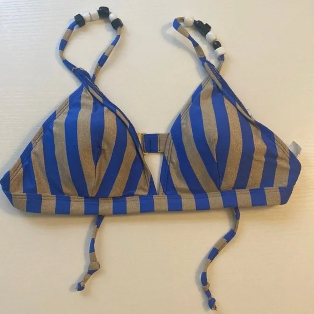 Diane Von Furstenberg Striped Shimmer Beaded Padded Bikini Top S